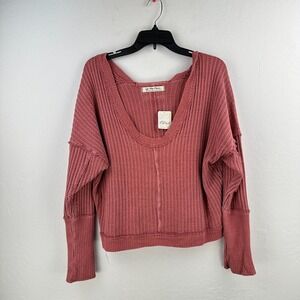 We The Free Cropped Sweater Women Small Pink Waffle Knit Dolman Sleeve Oversized